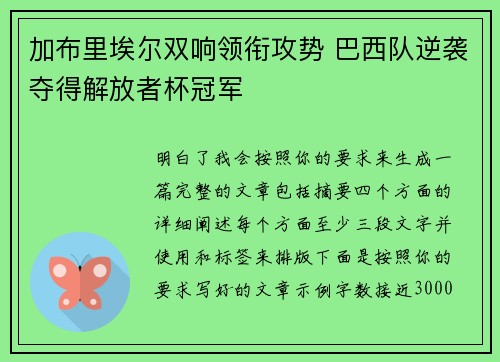 加布里埃尔双响领衔攻势 巴西队逆袭夺得解放者杯冠军