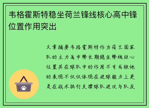 韦格霍斯特稳坐荷兰锋线核心高中锋位置作用突出